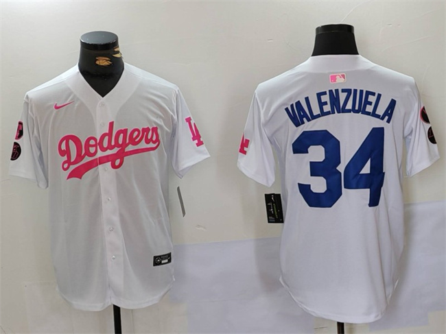 Los Angeles Dodgers #34 Toro Valenzuela White Pink Vin Kobe Patch Stitched Jersey